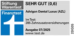 Siegel Stiftung Warentest 07/2025 - Tarif AZL, Zahnzusatzversicherung, Testnote 0,6 Sehr Gut