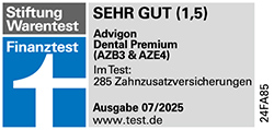 Siegel Stiftung Warentest 07/2025 - AZB3 & AZE4, Zahnzusatzversicherung, Testnote 1,5 Sehr Gut