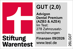 Siegel Stiftung Warentest 09/2026 - AZB3 & AZE4, Zahnzusatzversicherung, Testnote 2,0 Gut